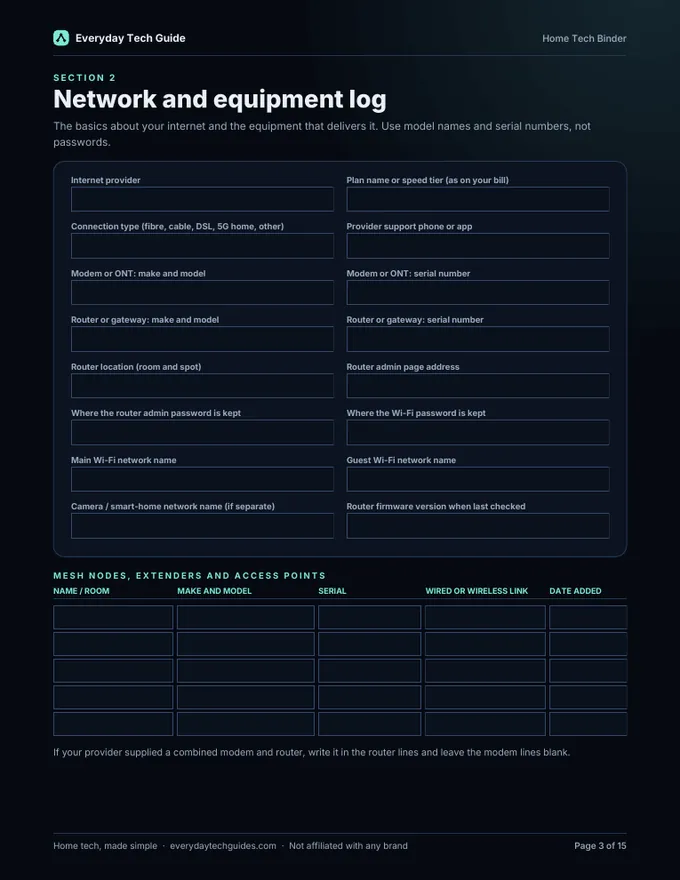 Home Tech Binder page titled Network and equipment log with fillable fields