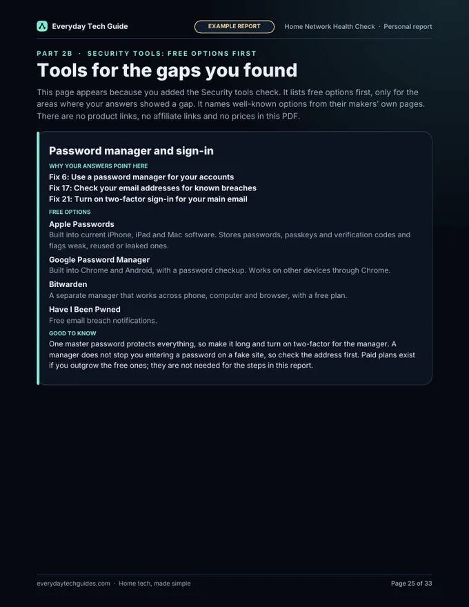 Sample report page for the optional Security tools check listing free options